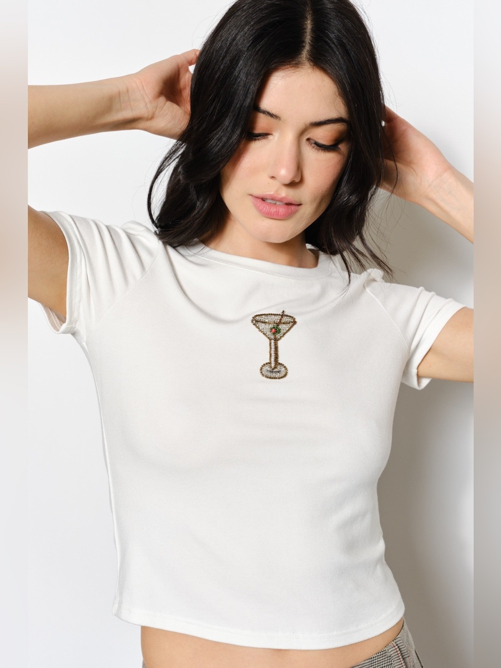 Beaded Martini Cropped Baby Tee - Pretty Garbage